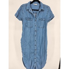 Lucky Brand Womens Sz L Midi Length Denim Shirt Dress Button Up Blue Jean