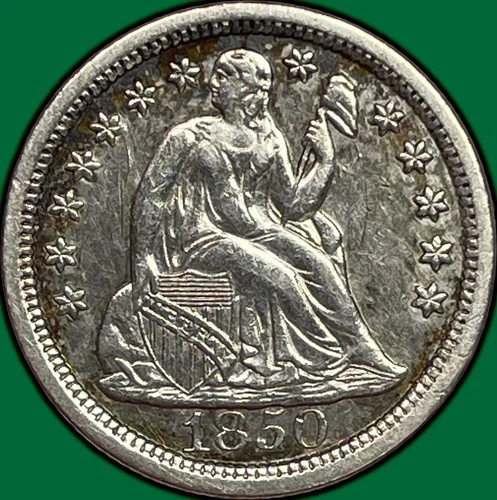 1850 Seated Liberty Dime Almost Uncirculated AU Coin, Cleaning #32539