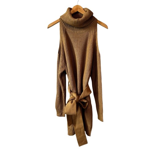 Lulus New Sweet Demeanor Turtleneck Cold-Shoulder Sweater Knit Belted Dress Tan - Picture 2 of 9