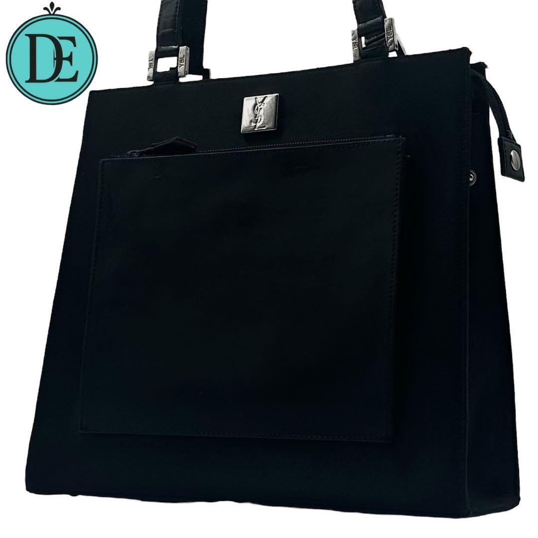Borsa a mano YSL Yves Saint Laurent logo placca pelle nylon nero