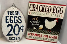 2 CHICKEN FRESH EGGS METAL TIN SIGNS - RUSTIC RETRO KITCHEN - OPEN ROARD BRANDS