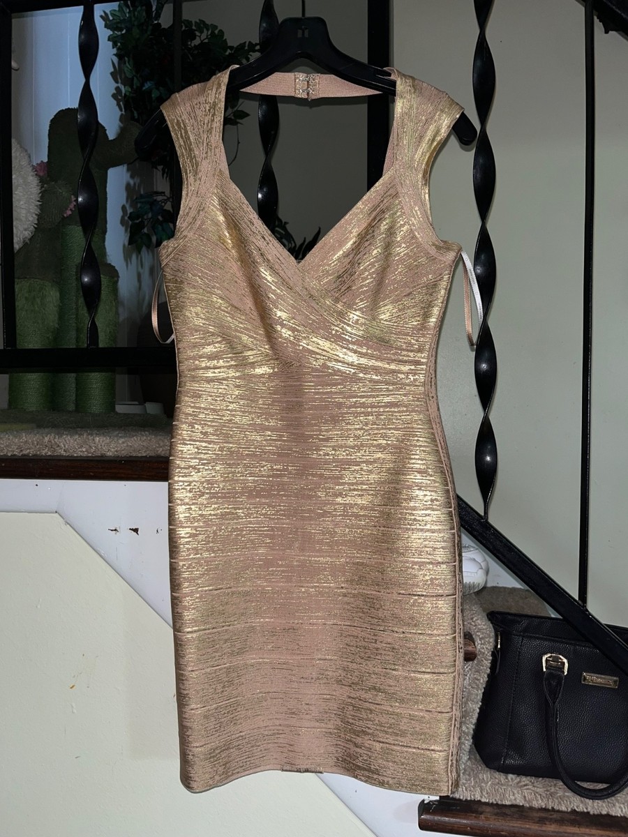 Herv Lger Metallic Bandage Mini Dress (Gold) Size Medium