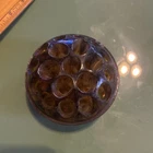 Antique 4” Honey Amber Swirl 19 Hole Glass Flower Frog England. Patent #7830