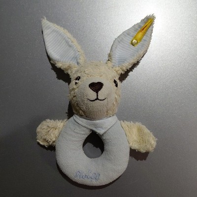 Steiff Blue Rabbit Plush Rattle Ring Gripper Soft Baby Toy Bunny Lovey Grabber