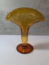 Art Deco MCM Blenko Dark Amber Glass Fan Vase 10" Tall