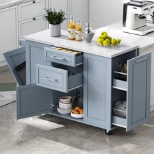 Rolling Kitchen Island w/Storage Tilt Trash Can Cabinet & Drop Leaf and Drawers