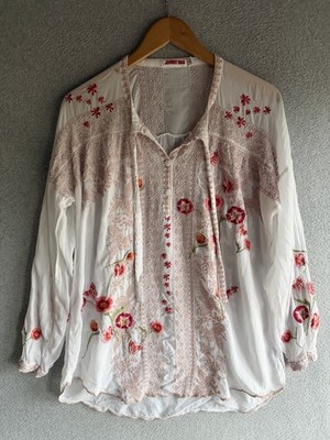 Johnny Was Masia Blouse Womens Small Tunic Floral Embroidered Sheer Beach Boho 