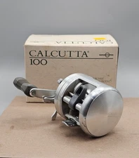 Vintage Shimano Calcutta 100 Silver Round Baitcasting Reel Japan w/ box