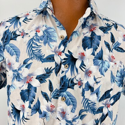 miami palm dress shirt Seaspice Hawaiian Aloha M Shirt Miami Resort Wear Plumeria Palm Bamboo  Leaves