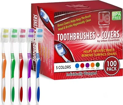 URBAN ESSENTIALS 100 Bulk Wholesale Toothbrush Individually Wrapped Classic Medium Soft With Cap