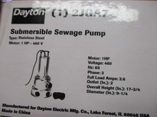 NEW DAYTON SUBMERSIBLE SEWAGE PUMP 1HP 460V 3...