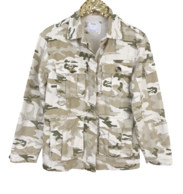 Bershka Oversize Camouflage Jean Jacket 100% Cotton Cream Green Womens Size XS