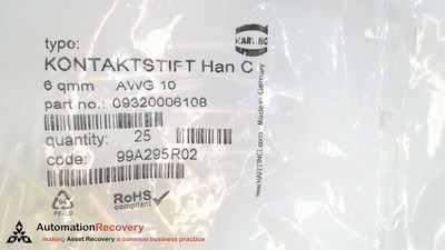HARTING 09320006108 , HAN C MALE CRIMP CONTACT, NEW #289447