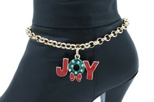 Women Gold Metal Chain Boot Bracelet Anklet Shoe Red JOY Charm Christmas Jewelry
