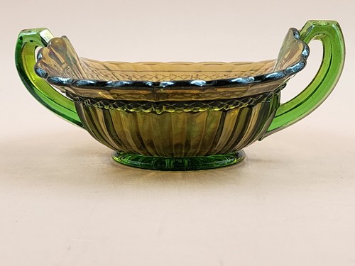 Vintage Northwood Carnival Glass Green Luster Flute 2 Handled 6" Candy/Nut Dish - Picture 2 of 10