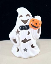 Halloween Happy Light-up Ghost Holding Jack O'Lantern Ceramic 5.5"