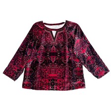 Soft Surroundings Shirt Women Small Red Black Geometric Ottoman Velvet B...