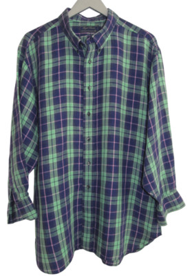 Tom James Royal Classic Hand Tailored Linen Navy & Green Plaid Shirt