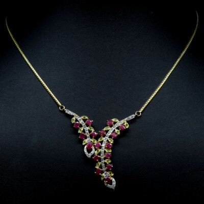 Gemstone Red Ruby Zirkon & Tsavorit Kette Halskette 21'' Silber 925