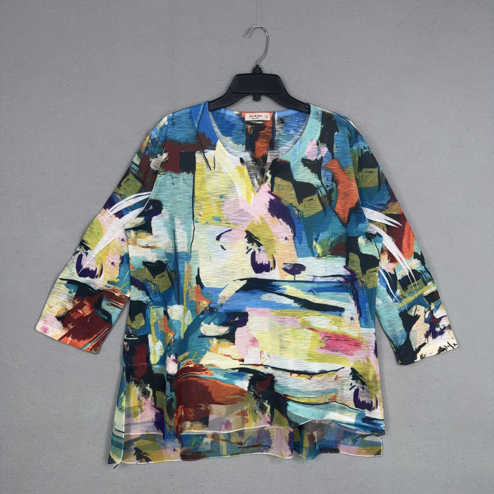 Jess & Jane Shirt Womens XL Colorful Abstract Tunic Top Made in USA Art To Wear