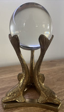Vintage Crystal Ball Three Dolphin Solid Brass Stand Tripod Holder
