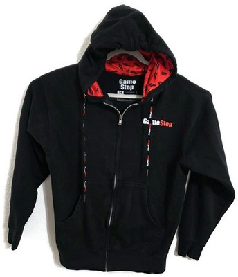GameStop Hoodie Mens Medium Black Full Zip Fleece Logo Graphic Red Lined Hood