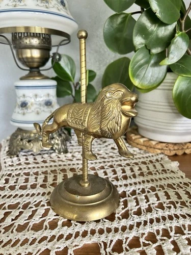 Vintage All Brass Lion Carousel Great Detail And Patina. Unbranded