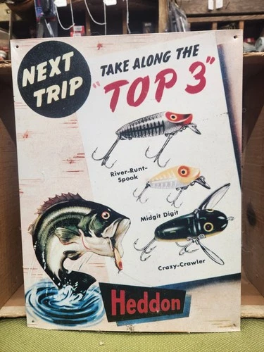 Vintage 1994 Heddon Fishing Lure Reproduction 16 x 12 in Tin Sign Made in USA