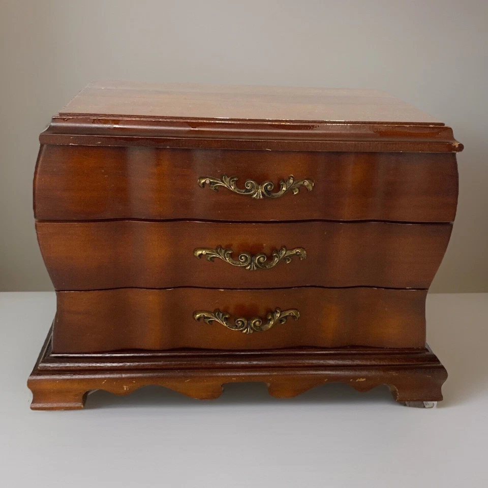 VINTAGE LARGE WOODEN JEWELRY BOX FELT LINING 3 DRAWERS JAPANESE - Image 2 of 4