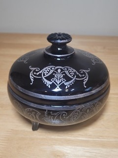 Vtg Art Deco Black Glass Covered Candy Silver Tone Overlay Read Description
