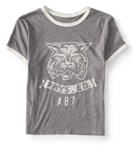 Aeropostale Womens Mascot Ringer Graphic T-Shirt, Grey, Juniors, Small