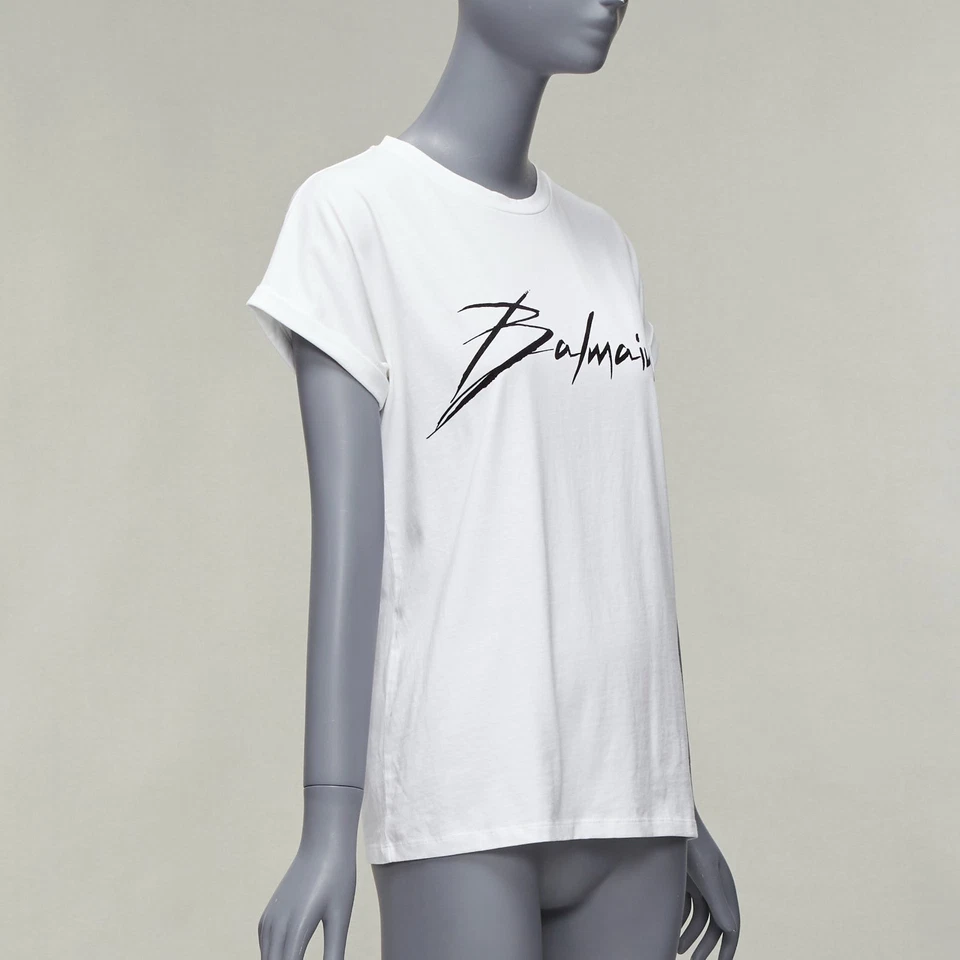 BALMAIN black signature logo velvet print cuffed sleeve white tshirt FR34 XS - image 3 of 4