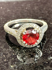 925 Sterling Silver Garnet  Diamond Halo Ring Elegant Round Size 6.5