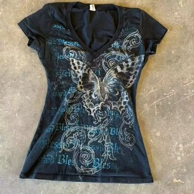 Y2K Butterfly Graphic V Neck T Shirt Women Gothic Streetwear Top