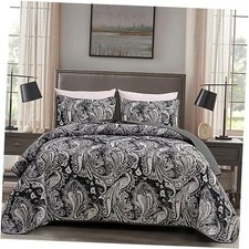 Paisley Quilt Set Size Boho Bedspread Coverlet Set 3 Pieces, Soft Queen Black