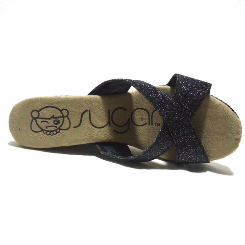🌺 Sugar Florah Rose Black Glitter Cross Strap Slide Cork Wedge Sandals Sz 9M 🌺 - Picture 4 of 6