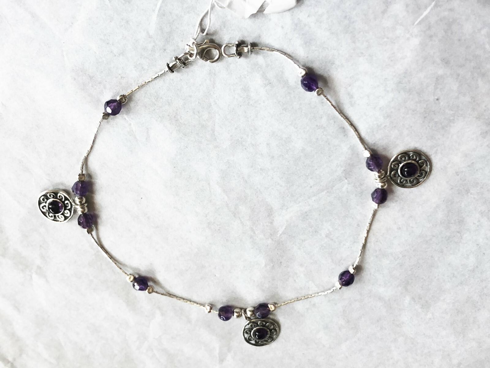 Sterling Silver Amethyst Ankle Bracelet with Pendant Charm