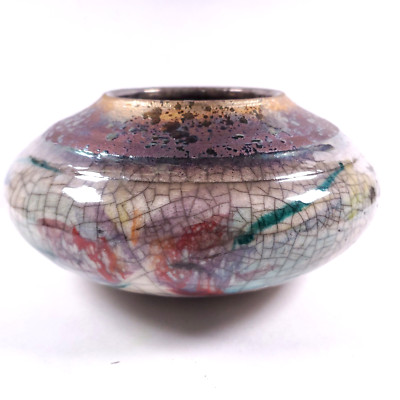 Raku Pottery Vase Bowl 4''x 8'' Signed Artist John Martin Crackle Glaze Studio Art