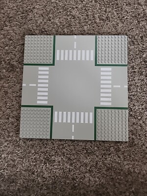 Vintage LEGO Grey & Green 4 Way Intersection Road Base Plate 10''