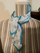 Cejon square floral scarf semi-sheer; blue green white pink ladybugs butterflies