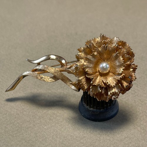 Vintage Marcel Boucher Signed Numbered Gold Plated Carnation Faux Pearl Brooch