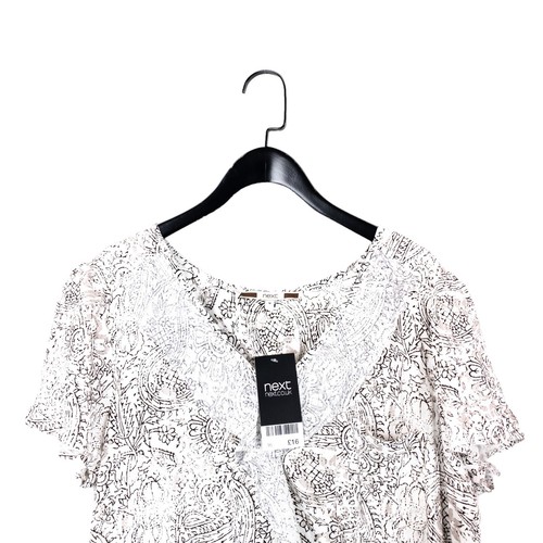 NEXT White Brown Taupe Paisley Chiffon Ruffle Trim V-Neck Blouse - Size 16 NEW - Picture 8 of 12