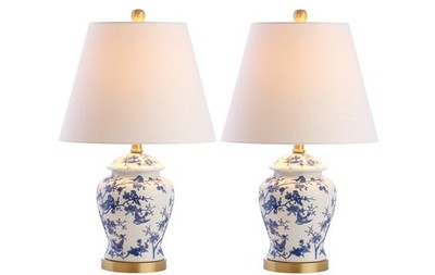 Set of 2 Jonathan Y Blue White Ginger Jar Table Lamps with LED Bulbs