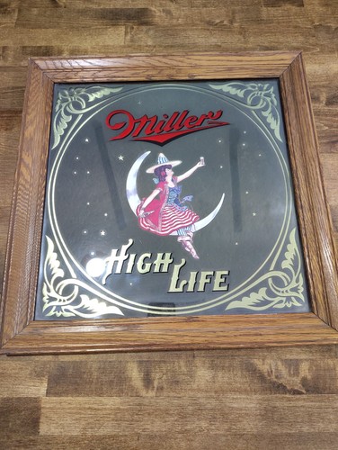 Vintage 1980 Miller High Life Girl in Moon Bar Mirror Sign 19”x19” Wood Frame