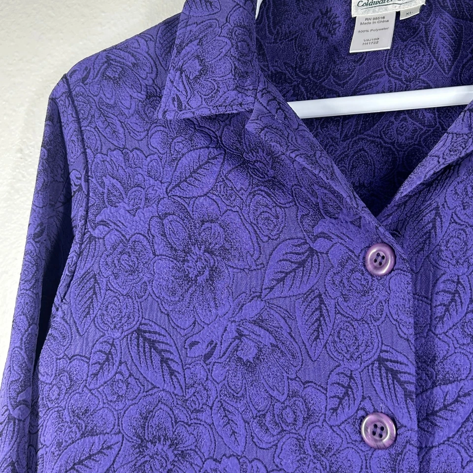 Chaqueta Coldwater Creek para mujer XL púrpura floral jacquard botón carcasa delantera Foto 3 de 4