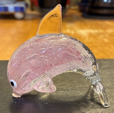 Dynasty Gallery Handcrafted Pink & Clear Art Glass Dolphin Paperweight Figurine