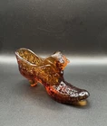 Fenton Glass Slipper Cat Head Daisy Button Pattern Amber Read!