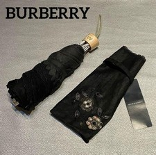 BURBERRY Folding Sun Umbrella Black 50cm Rib 70 Cotton 30 Linen Authentic