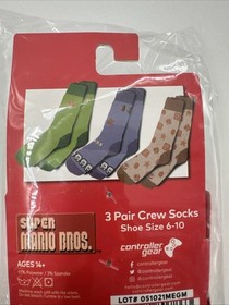 New! Super Mario Controller Gear - 3 Pairs Crew Socks (Size 6-10) Classic NES