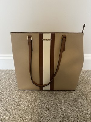 Michael Kors Jet Set Tote Bag Striped Leather Brown Tan Beige Size Large